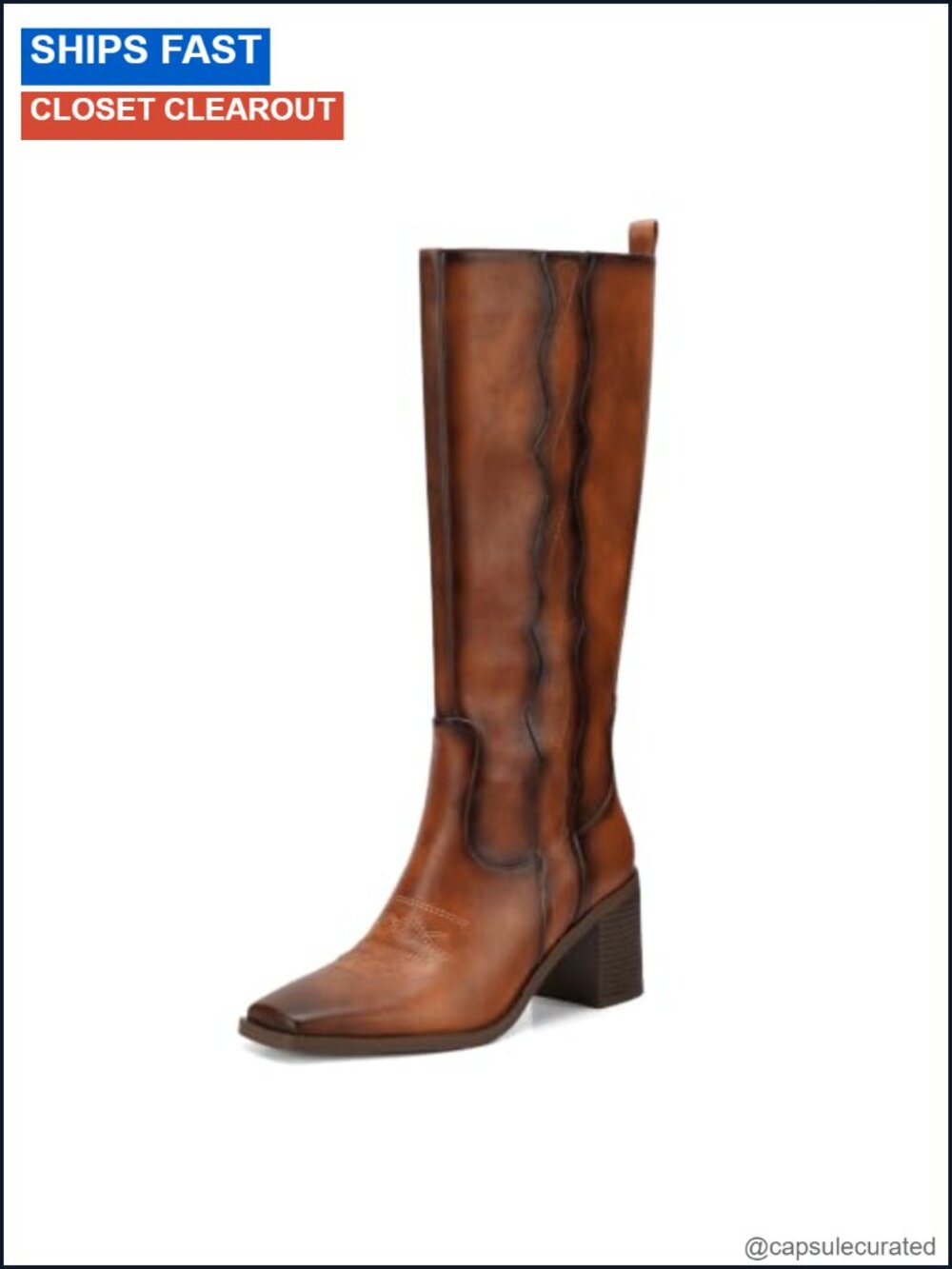 Women's Knee High Cowboy Boots Square Toe Chunky Block Heel Faux Leather